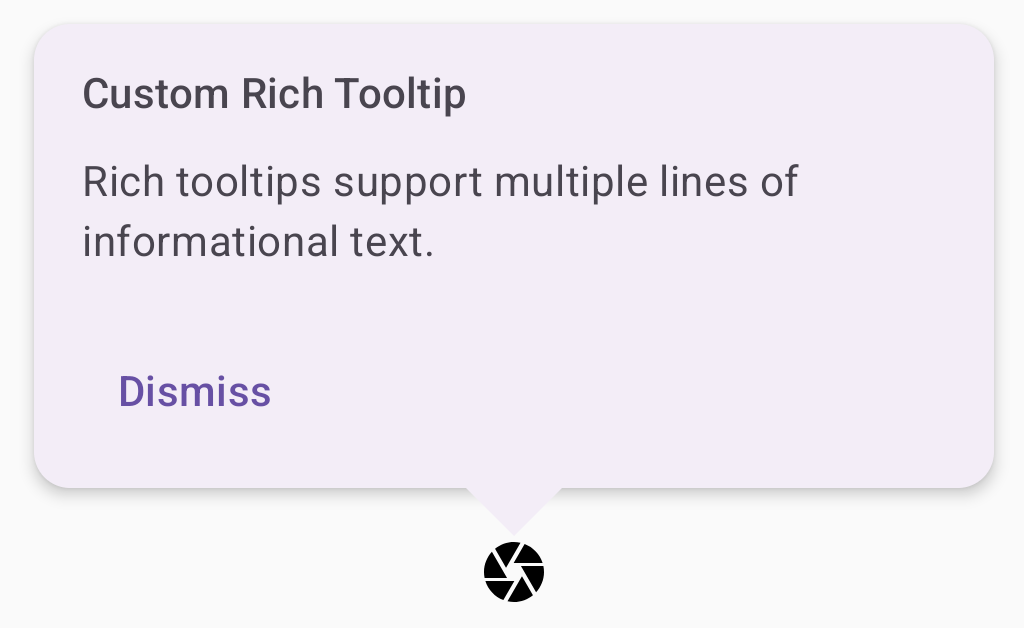 Multi-line tooltip with the title 'Custom Rich Tooltip' and a dismiss button. The tooltip is anchored to a camera icon.