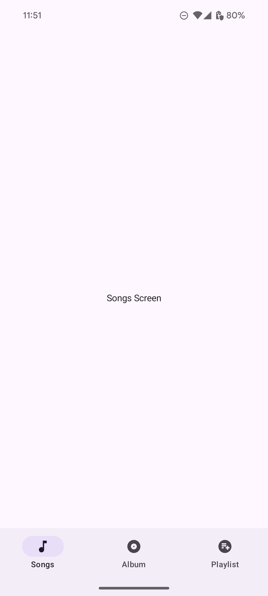 Pantalla de una app con 3 destinos en una barra de navegación inferior: Canciones, Álbumes y Playlist. Cada destino tiene un ícono relevante asociado (p.ej., una nota musical para “Canciones”).