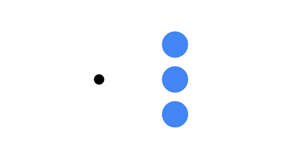 초록색 화살표가 각 원에 애니메이션 처리되면서 동시에 모두 함께 애니메이션이 적용되는 세 개의 원. 