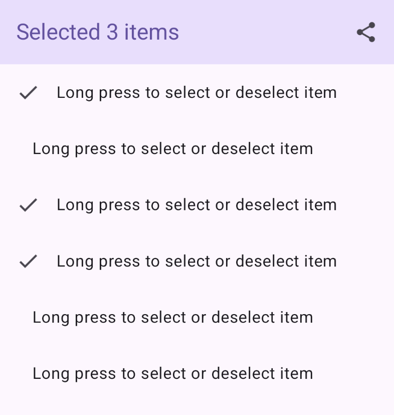 Panel aplikasi atas dinamis menampilkan teks 3 item yang dipilih, diikuti dengan ikon bagikan. Di bawah, daftar menampilkan beberapa item, dengan tanda centang di samping tiga item yang dipilih