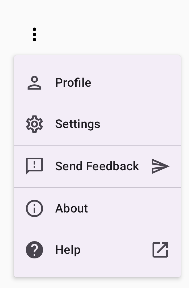 Un menu a discesa con le sezioni Profilo, Impostazioni, Invia feedback, Informazioni e Guida. Ogni opzione ha un'icona, ad esempio un'icona persona per Profilo.