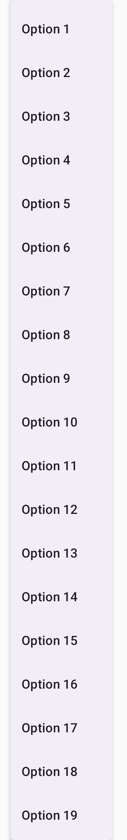 Un menú desplegable con muchas opciones que requiere desplazamiento para ver todos los
  elementos.