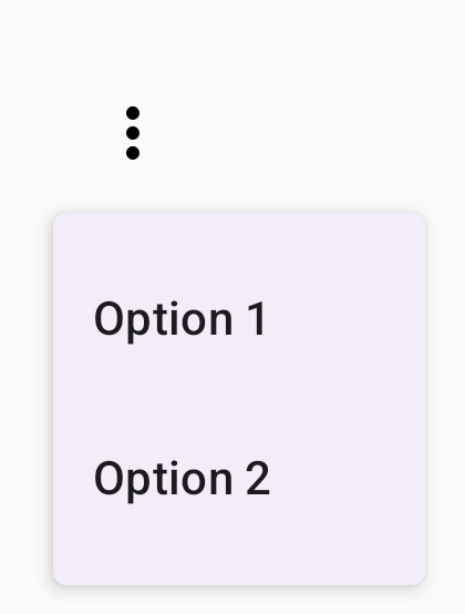 Un menú desplegable activado por un ícono con tres puntos verticales. El menú muestra dos opciones seleccionables: Opción 1 y Opción 2.