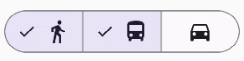 Un composant de bouton segmenté avec les options &quot;Marcher&quot;, &quot;Vélo&quot; et &quot;Voiture&quot; est affiché. Les options &quot;À pied&quot; et &quot;En transports en commun&quot; sont actuellement sélectionnées.
