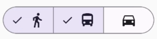 Um componente de botão segmentado com as opções &quot;Walk&quot;, &quot;Ride&quot; e &quot;Drive&quot; é mostrado. As opções &quot;Andar&quot; e &quot;Pedalar&quot; estão selecionadas.