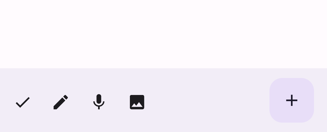 Layar di aplikasi dengan panel aplikasi bawah yang menampung ikon tindakan di sisi kiri, dan tombol tindakan mengambang di sebelah kanan.