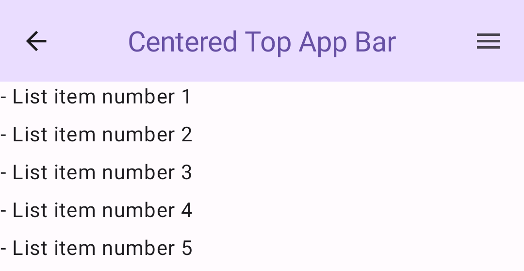 Esempio di una barra dell'app superiore allineata al centro.