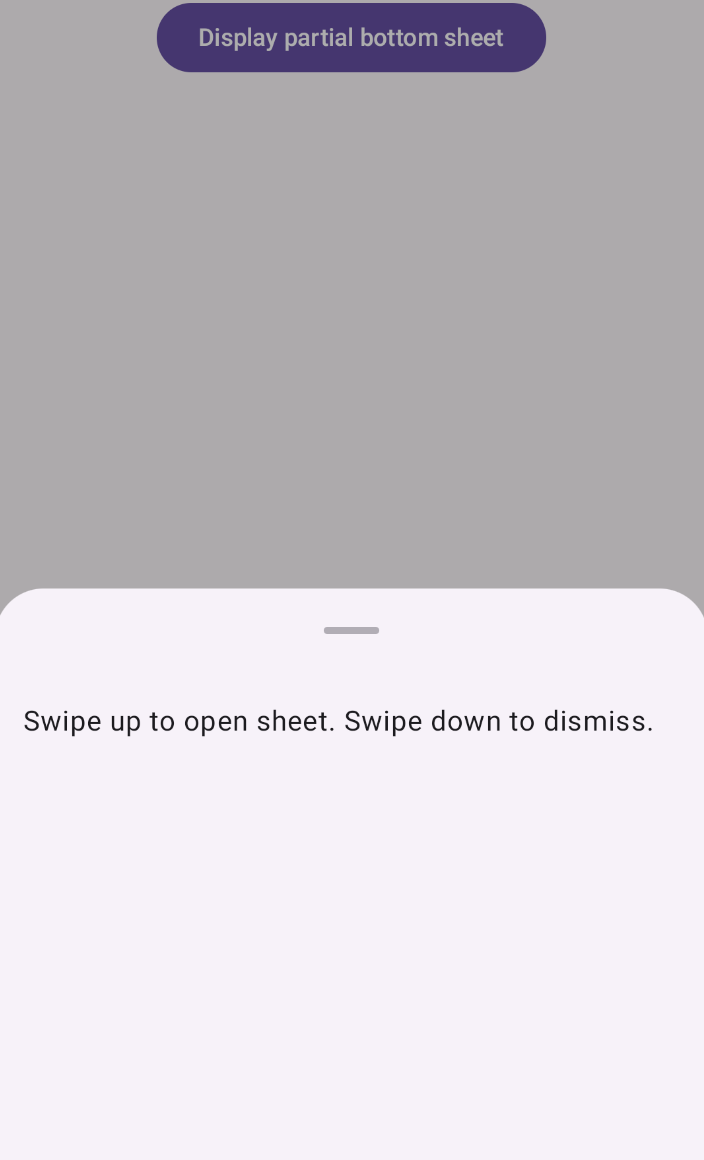 Bottom sheet qui ne remplit initialement qu&#39;une partie de l&#39;écran. L&#39;utilisateur peut balayer l&#39;écran pour remplir l&#39;écran ou le fermer.