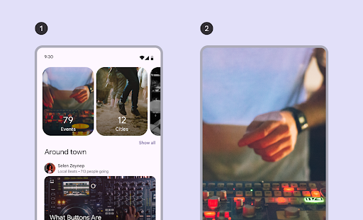 并排显示的不含容器的全屏轮播界面。非容器化轮播广告类型包含多个轮播广告项，而全屏轮播广告类型包含一个占据整个屏幕的广告项