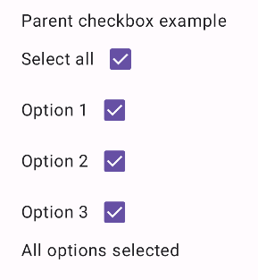 Serangkaian kotak centang berlabel yang dicentang dengan label. Yang pertama ditandai &#39;pilih semua&#39;. Ada komponen teks di bawahnya yang bertuliskan &#39;all options selected&#39;.