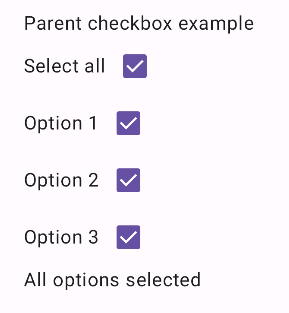 یک سری از چک باکس‌های علامت‌دار علامت‌دار با یک برچسب. اولین علامت "انتخاب همه" است. یک جزء متنی در زیر آنها وجود دارد که "همه گزینه‌ها انتخاب شده‌اند" را می‌خواند.