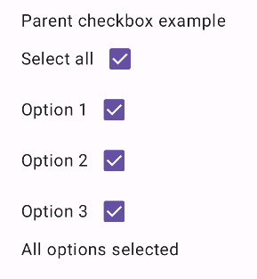 Série de cases à cocher avec des libellés cochés Le premier est marqué &quot;Tout sélectionner&quot;. Sous ces boutons se trouve un composant textuel indiquant &quot;Toutes les options sélectionnées&quot;.