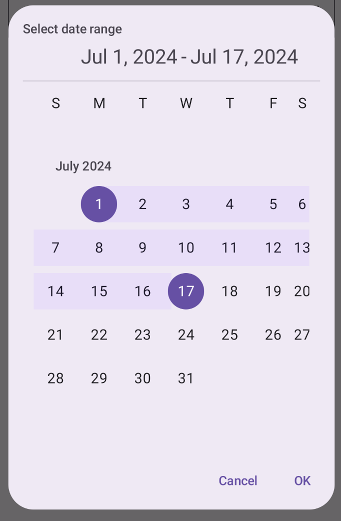 Esempio di selettore della data dell'intervallo modale.