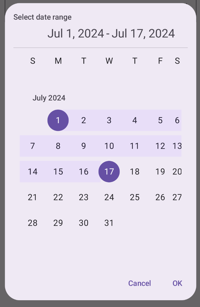 मोडल रेंज के लिए तारीख चुनने वाले टूल का उदाहरण.