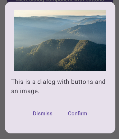 Ein Dialogfeld mit einem Foto des Mount Feathertop in Victoria. Unter dem Bild befinden sich eine Schaltfläche zum Schließen und eine Schaltfläche zum Bestätigen.