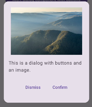 Dialog dengan foto Mount Feathertop, Victoria. Di bawah gambar terdapat tombol tutup dan tombol konfirmasi.