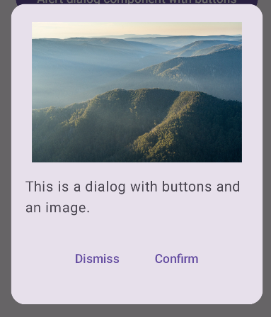 Um diálogo com uma foto do Monte Feathertop, Victoria. Abaixo da imagem, há um botão para dispensar e um botão de confirmação.