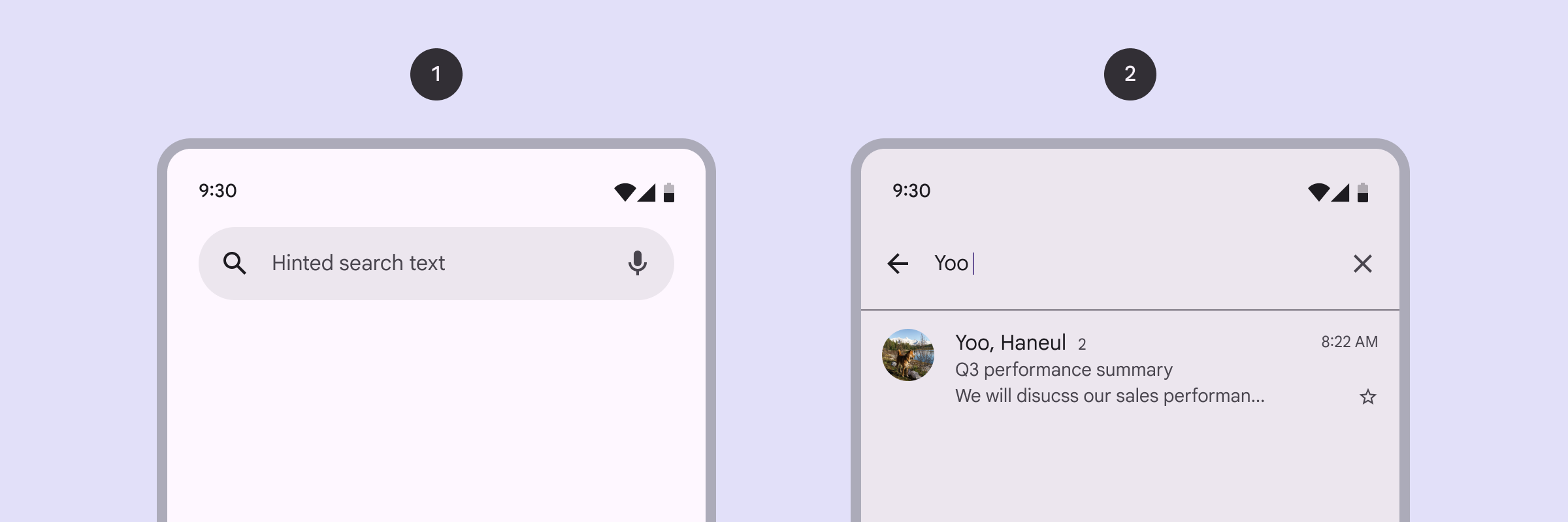 Vengono mostrate due barre di ricerca. Quello a sinistra ha solo un campo di testo.
  La barra di ricerca a sinistra ha un campo di testo e un suggerimento di ricerca sotto.
