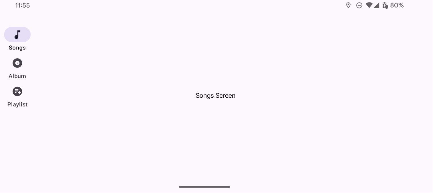 3 つのデスティネーション（曲、アルバム、プレイリスト）と関連するアイコンが付いた縦型ナビゲーション レール。アイコンは、レールの各ナビゲーション ボタンの目的を視覚的に示します。各デスティネーションには、関連するアイコンが設定されています（たとえば、