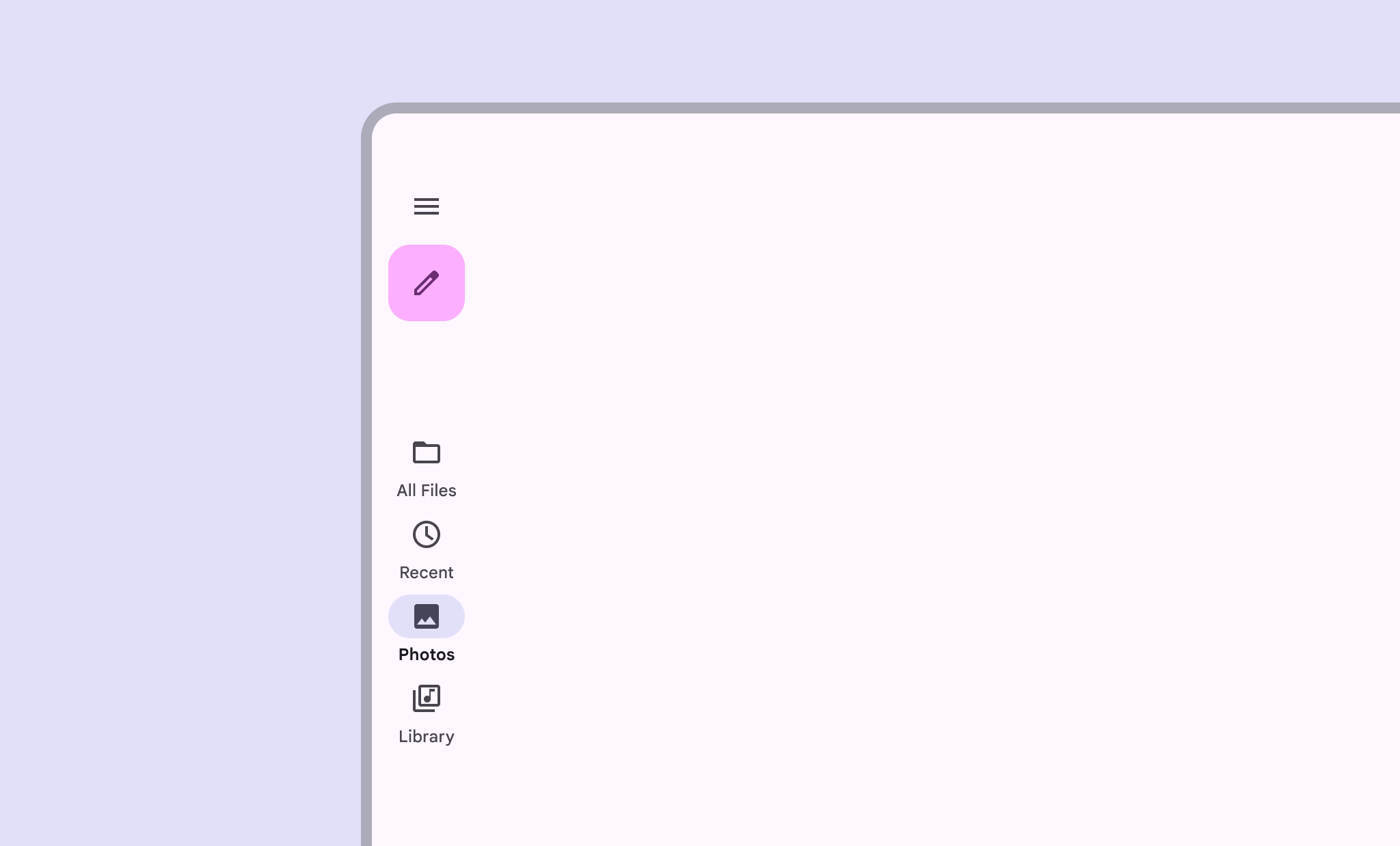 Kolom samping navigasi vertikal di sisi kiri layar dengan empat tujuan (Semua File, Terbaru, Foto, dan Library), masing-masing dengan ikon terkait, dan tombol tindakan mengambang.