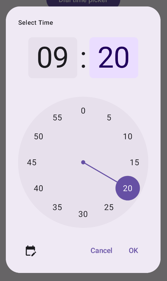 タイトル、モード切り替え、閉じるボタンと確定ボタンを実装するカスタム ダイアログのタイム ピッカー。