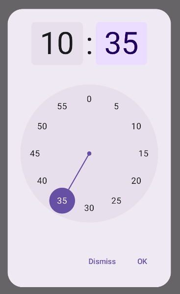 Un selector de hora en un AlertDialog que implementa un título, un botón de activación de modo y los botones para descartar y confirmar.