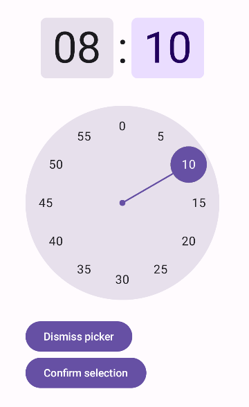 डायल करने का समय चुनने वाला टूल. उपयोगकर्ता, डायल का इस्तेमाल करके समय चुन सकता है.