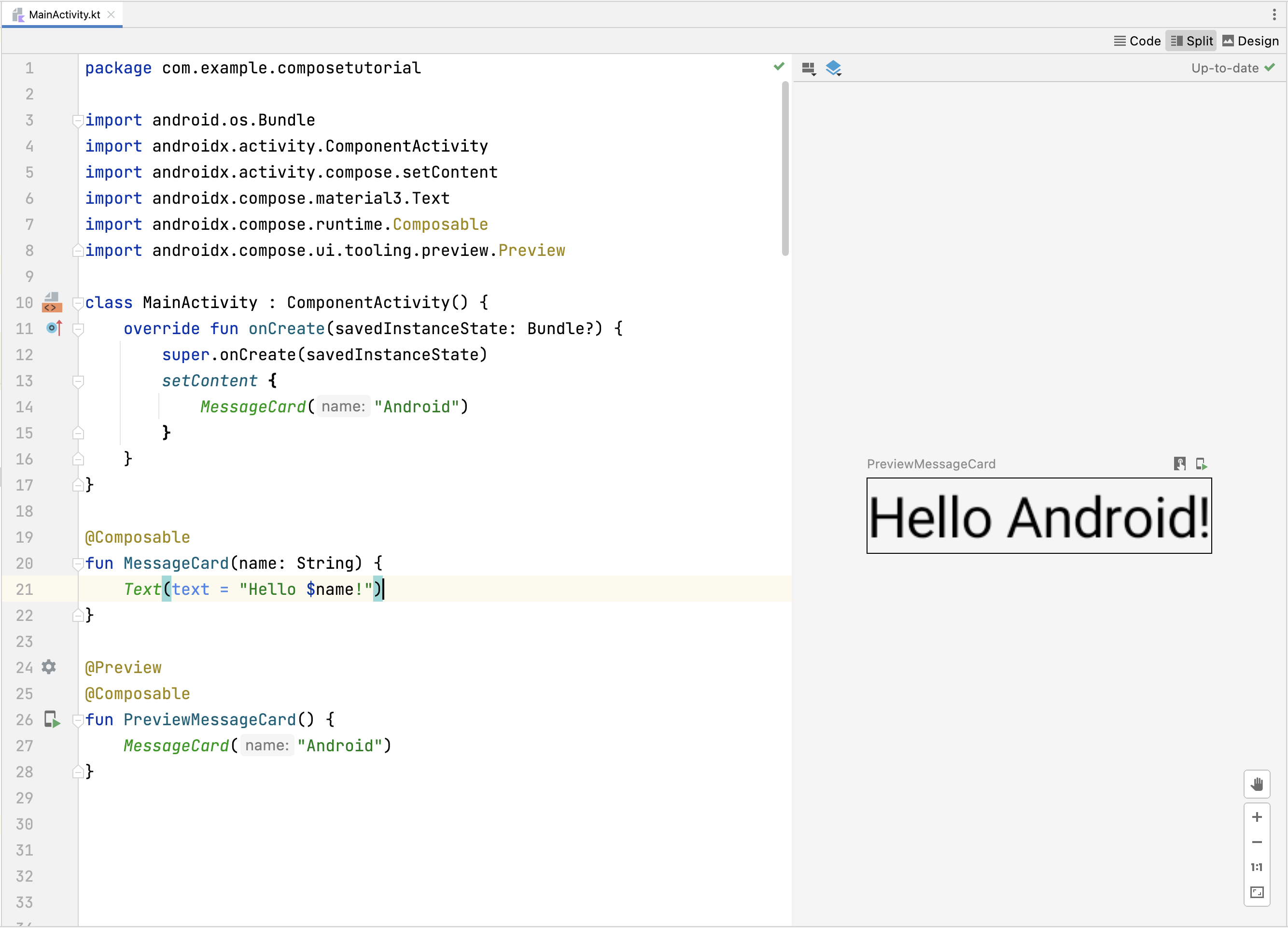 Pratinjau fungsi composable di Android Studio