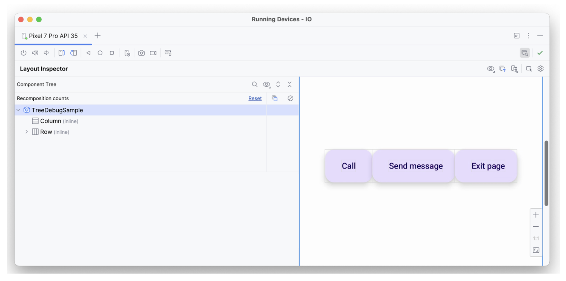 Layout Inspector (Trình kiểm tra bố cục) với cả ba phần tử.