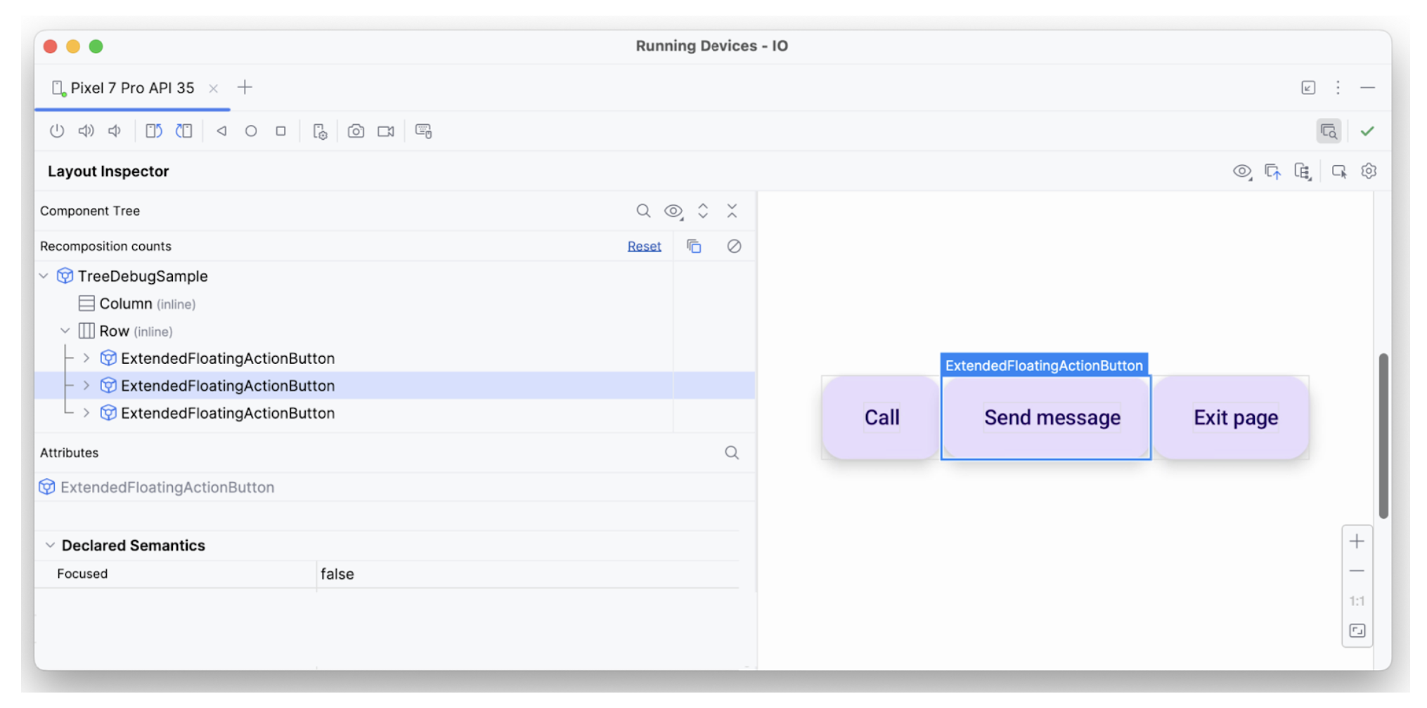 Layout Inspector: elemen kedua dengan difokuskan