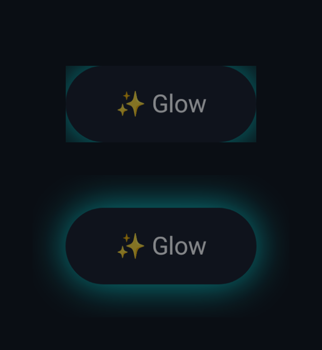 Comparison of an offscreen layer outer glow without LayerOutsets (top, clipped to the rectangular layout bounds) versus with LayerOutsets(24.dp) (bottom, unclipped)