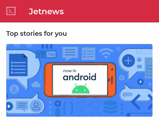 Contoh aplikasi JetNews, yang menggunakan Scaffold untuk memosisikan beberapa elemen 