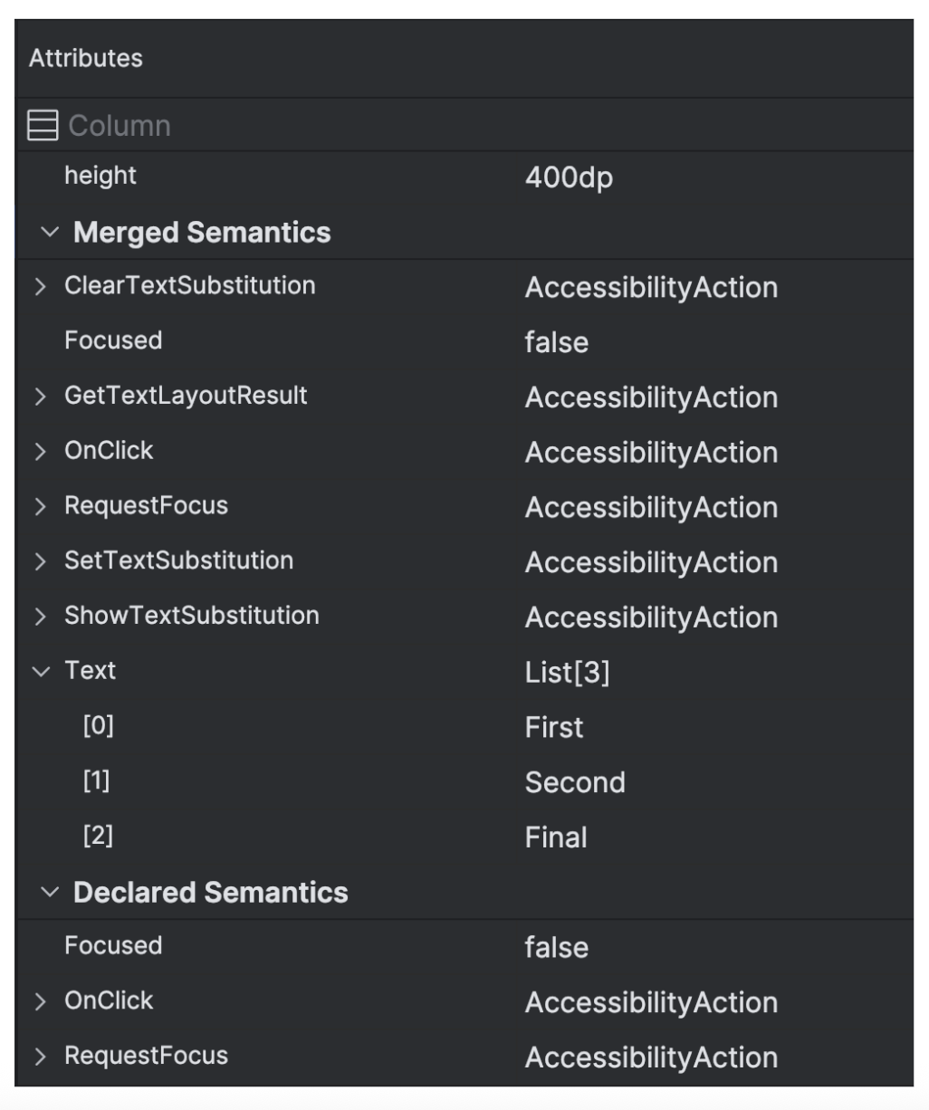 Layout Inspector を使用して表示したセマンティック情報。