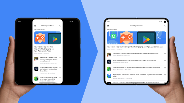 يتم عرض التطبيق في وضع ملء الشاشة على جهاز بشاشة كبيرة غير مطوية قبل Android 16، ولكن يتم عرضه في وضع ملء الشاشة عند استهداف Android 16. يعرض التطبيق المزيد من الأخبار عندما تكون الشاشة بملء الشاشة بدلاً من أن تكون مُعدَّة للعرض على شاشة عريضة أفقيًا.