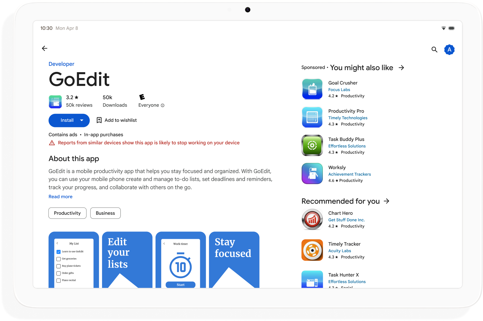 应用的 Google Play 商品详情中显示“可能未针对您的设备进行优化”警告。