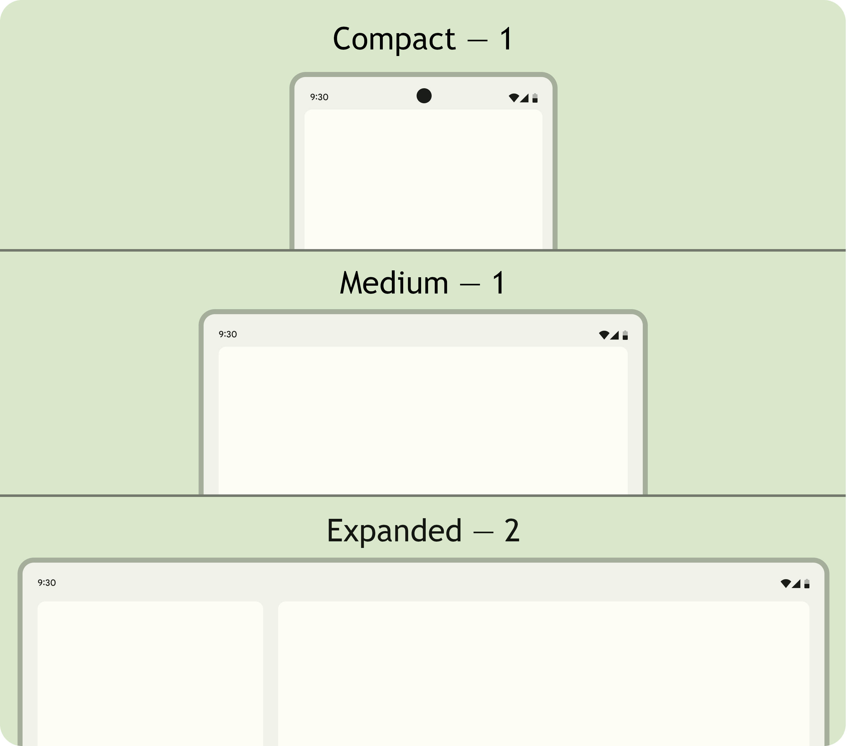 Device screens split into panes: one pane in compact and medium window size classes, two panes in expanded window size class.