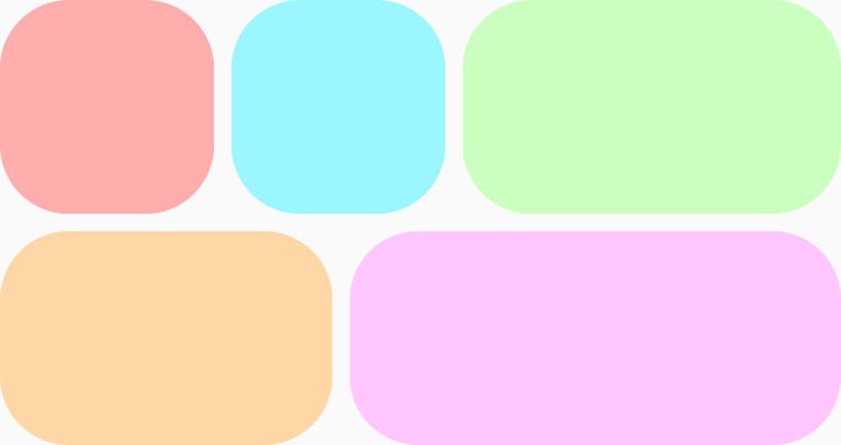 Dwa rzędy kolorowych elementów. W górnym rzędzie znajdują się 3 elementy o różnych rozmiarach, a w dolnym – 2 elementy o różnych rozmiarach.