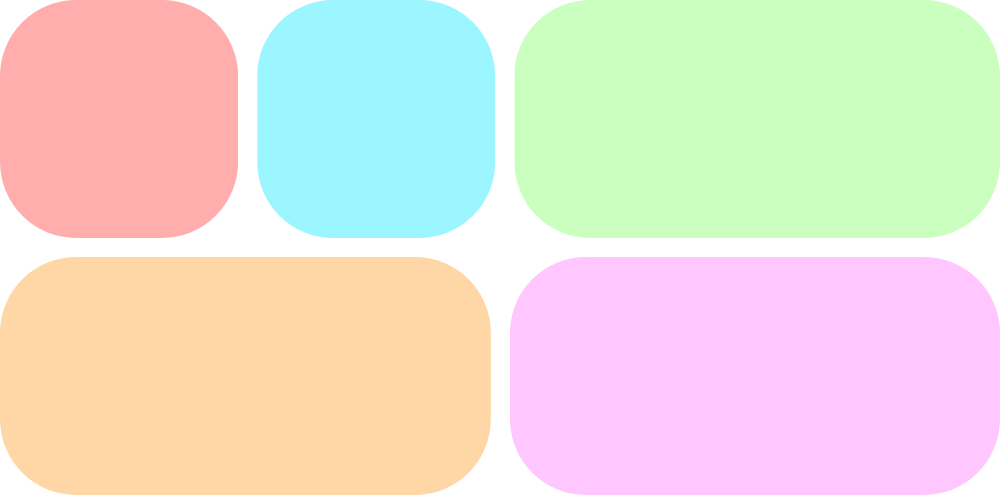 Two rows of colored items, with three unequally sized items distributed across the top row and two unequally sized items across the bottom row.