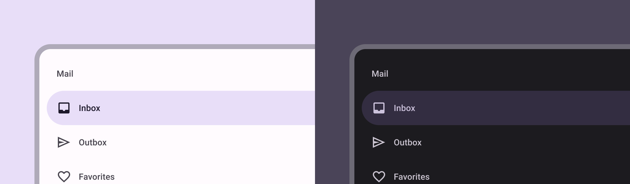Exemplo de uma gaveta de navegação do Material Design 3 nos modos claro e escuro.