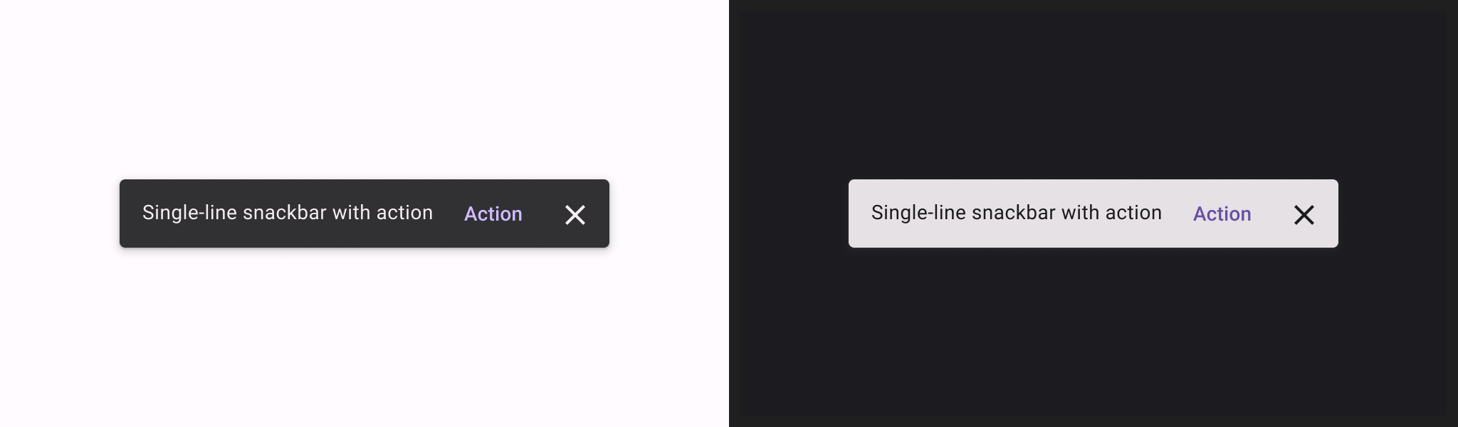 Examples of snackbar UI components.