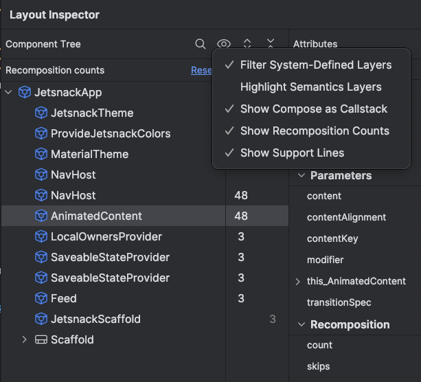 Zähler für Zusammensetzung und Überspringen im Layout Inspector aktivieren