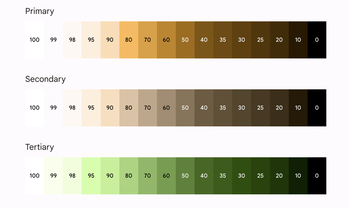 Application exemple Reply: palettes tonales primaires, secondaires et tertiaires (de haut en bas)