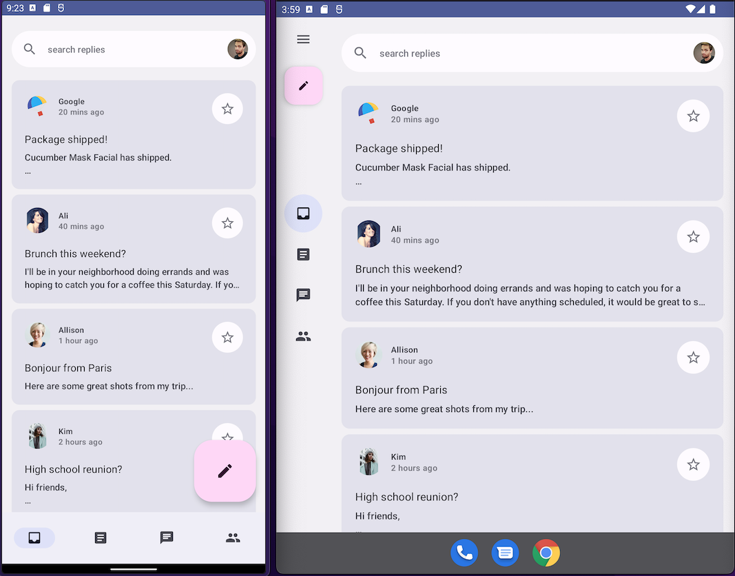 Présentation de l'application Reply avec BottomNavigationBar(à gauche) et NavigationRail(à droite)