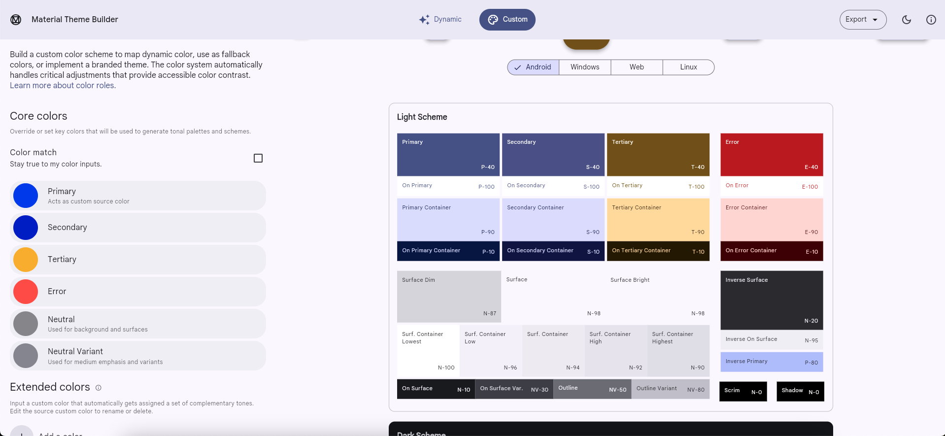 Cores do M2 usadas no Criador de Temas do Material Design para gerar um esquema de cores do M3