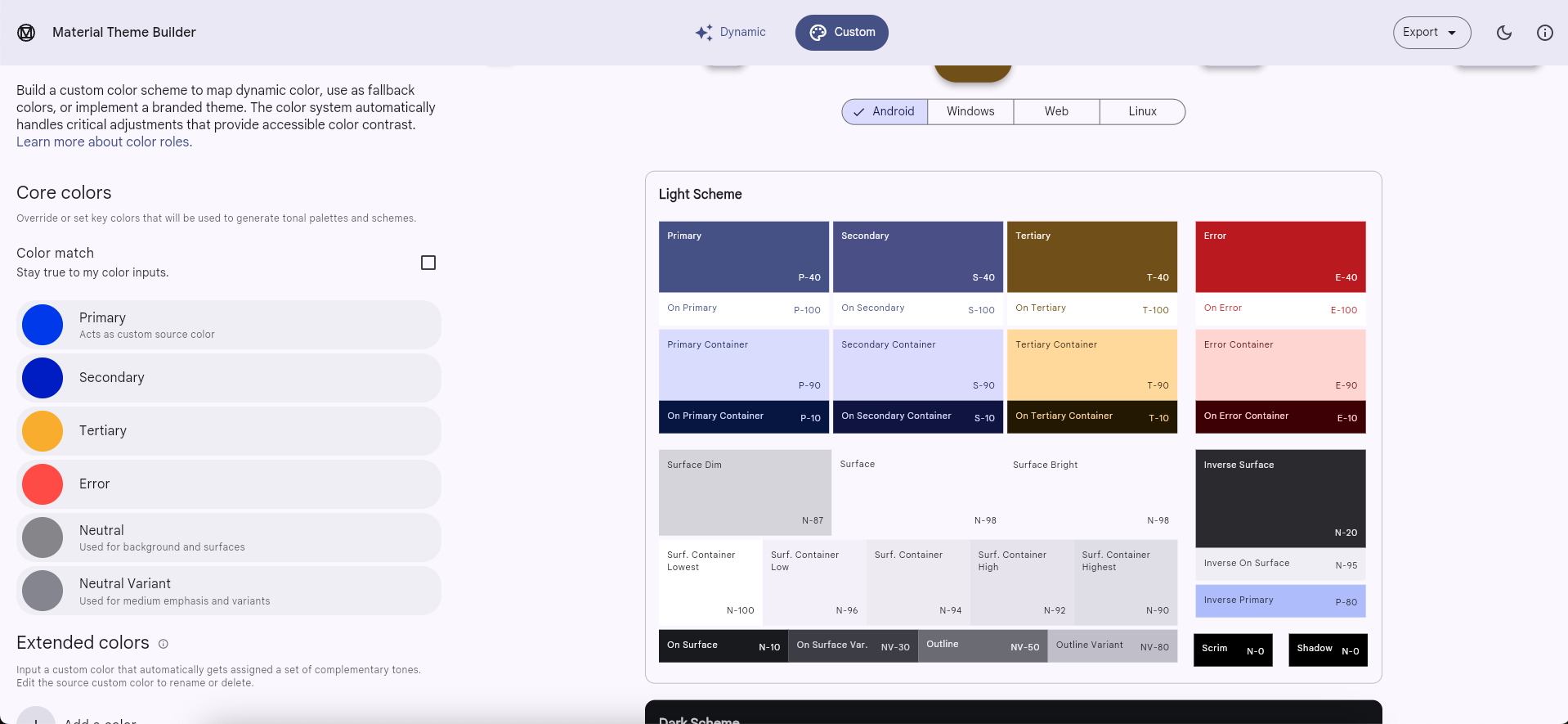 Цвета M2, используемые в Material Theme Builder для создания цветовой схемы M3