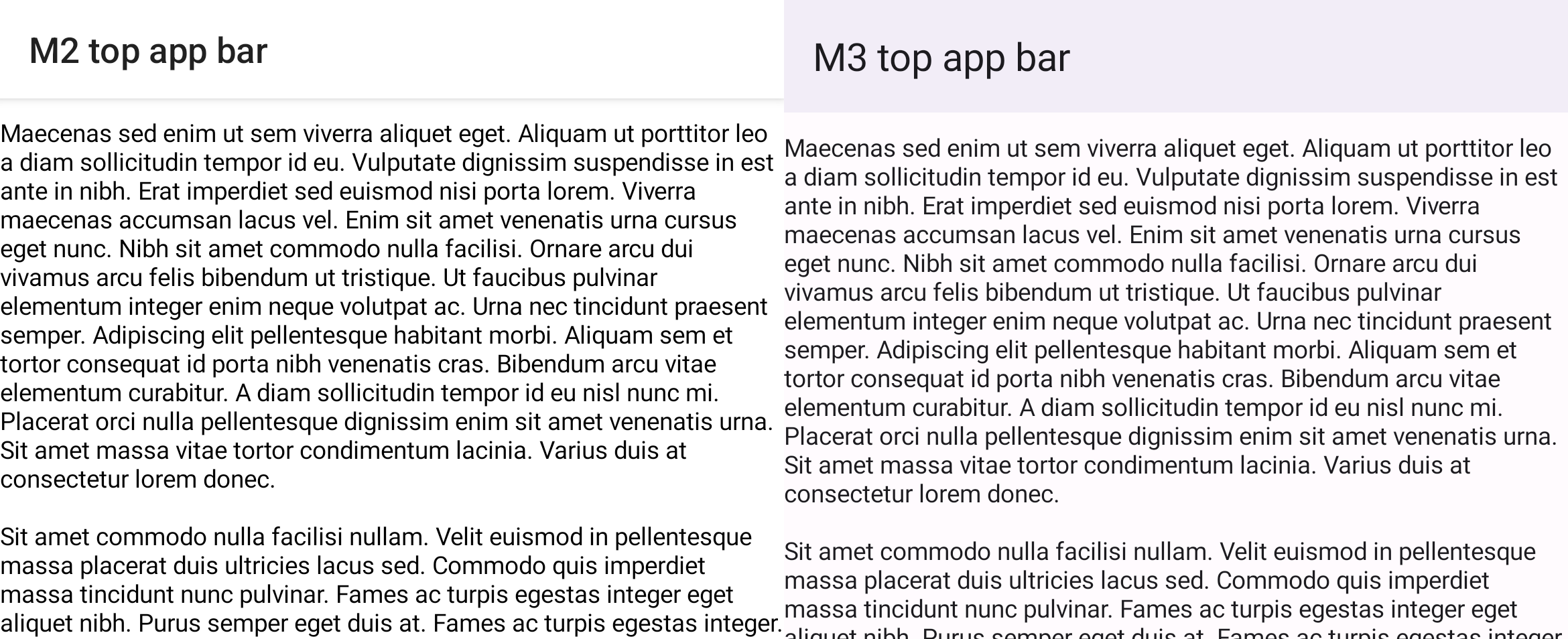 Perbandingan scaffold M2 dan M3 dengan panel aplikasi atas dan daftar yang di-scroll