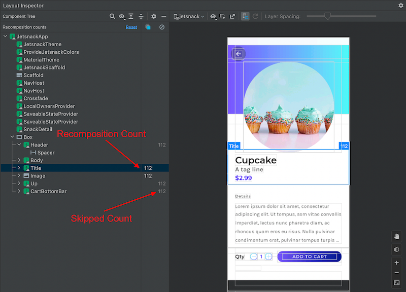 Recomposition and skips counts in the Layout Inspector