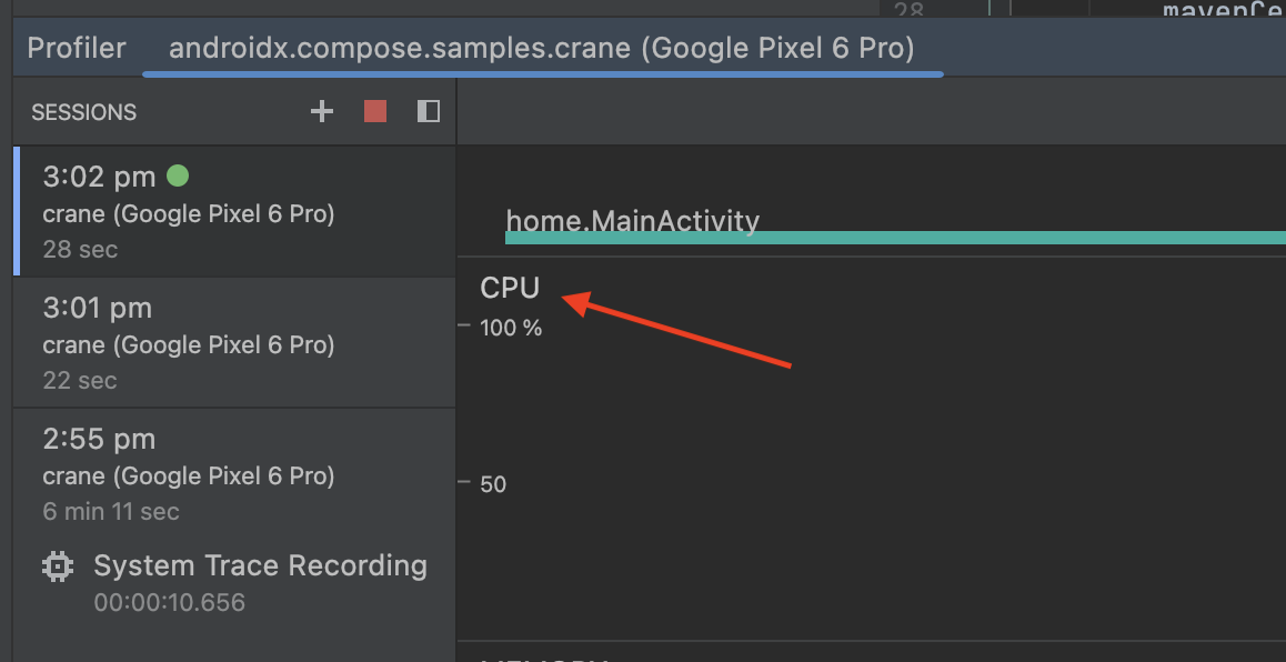 Профайлер Android Studio — временная шкала загрузки ЦП