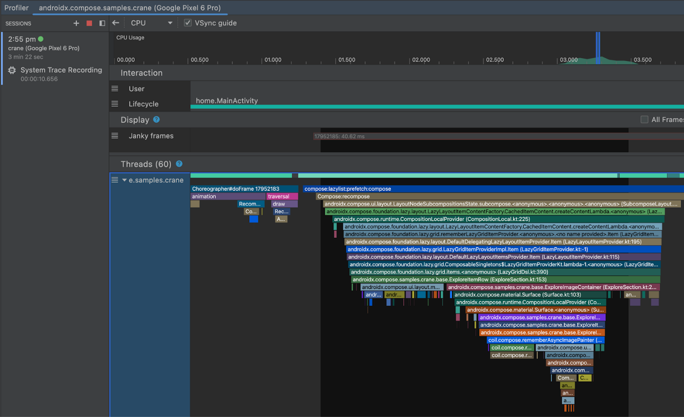 An example of a system trace visualization in Android Studio.