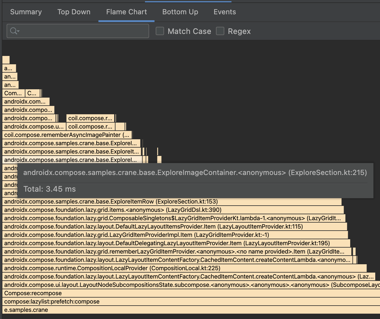 An example of a flame chart displaying composable functions.